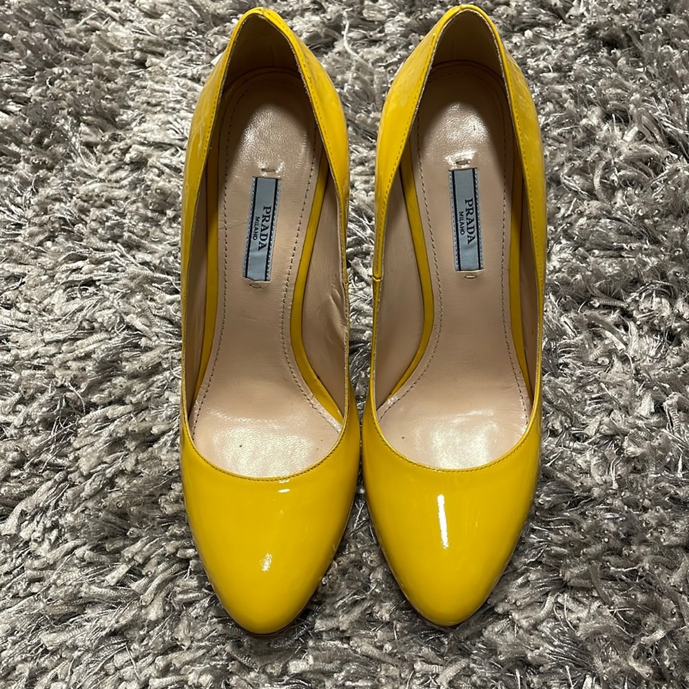 Patent Yellow Prada Pumps